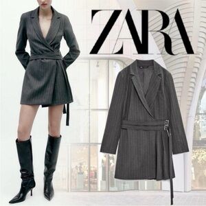 ZARA Pinstripe Pleated Belted Mini Blazer Dress